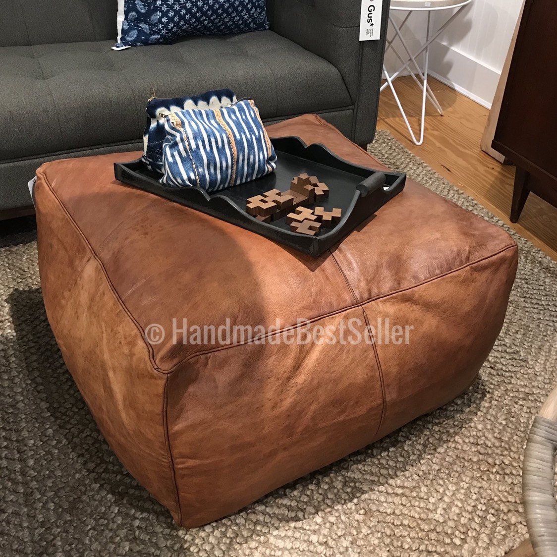 Brown Square Leather Pouf Tan Square leather Pouf Moroccan Leather Pouf Berber Pouf square ottoman leather pouf Boho Selection