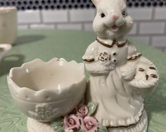 Figural egg cup, momma bunny, ceramic, soft boiled eggs, country kitchen, farmhouse chic