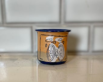 Bucket shaped artisan made egg cup with bicycle graphic, hand painted, brunch, soft boiled eggs