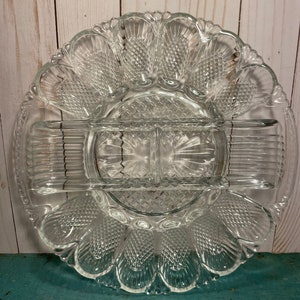 VIntage glass dish for devilled eggs, large size, egg serving tray, egg platter, holiday brunch