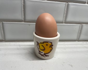 Single vintage egg cup, bucket style, abstract brown yellow chicken detail, farmhouse kitchen, soft boiled eggs, brunch