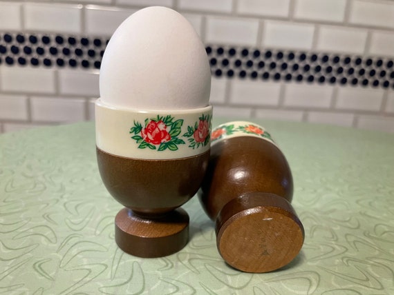 A Pair of Vintage Wood and Pastic Egg Cups, Hand Painted, Single Egg Cups,  Floral Motif, Wooden Base 