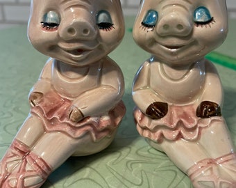 Ballerina salt and pepper shakers, anthropomorphic pink dancing pigs, kitchen kitschy