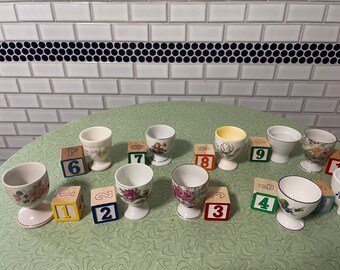Single egg cups, porcelain flowers, farmhouse kitchen