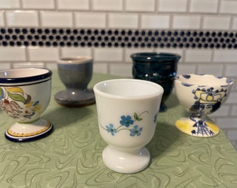 Single vintage egg cups, shades of blue, buyers choice, farmhouse kitchen, soft boiled eggs, brunch