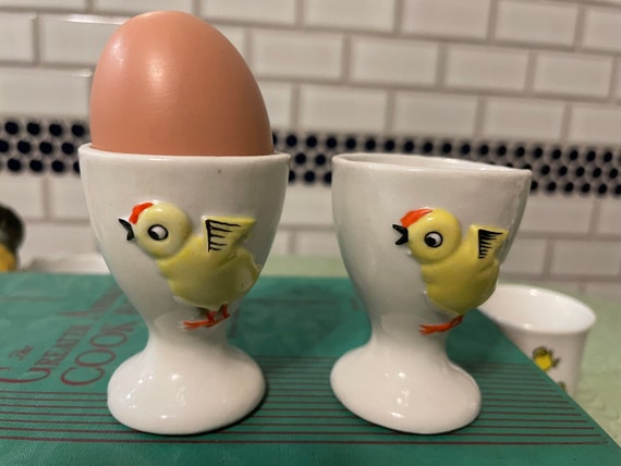 A Pair of Single White Porcelain Egg Cups With Chickens, Farmhouse Decor,  Country Kitchen, Holiday Brunch 