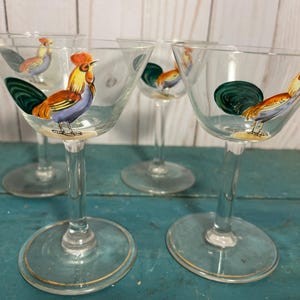 Rooster wine glasses, hand painted, Set of four sherry cocktail glasses, 4 inch,  Dorflinger Honesdale