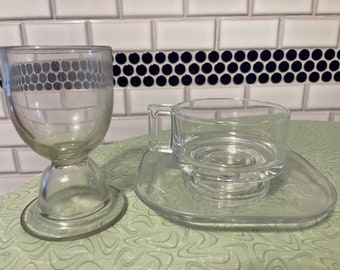 Cambridge double egg cup, matching Italian cup and saucer, Early American Pressed Glass, EAPG, farmhouse kitchen