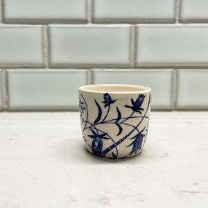 Single vintage egg cup, bucket style, blue transferware, Victorian aesthetic design,