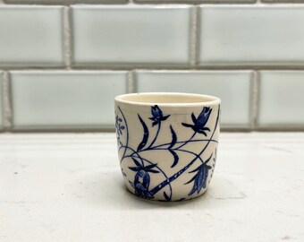 Single vintage egg cup, bucket style, blue transferware, Victorian aesthetic design,