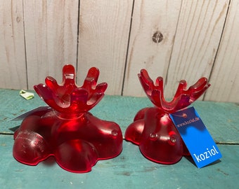 Pair of red plastic moose egg cups, Kozoil, Germany, new old stock, kitschy fun Christmas decor