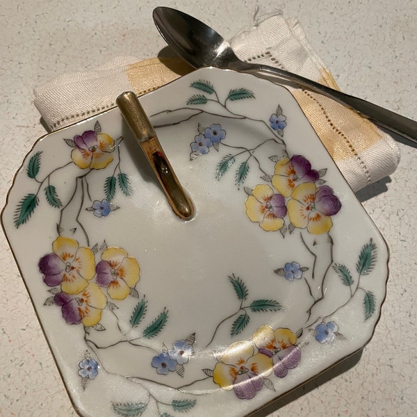 Vintage lemon serving dish, fancy gold handle, Hand painted Occupied Japan, tea time, tea accessory