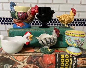 Figural egg cups, vintage egg cups, chickens and flowers, buyers choice, farmhouse chic