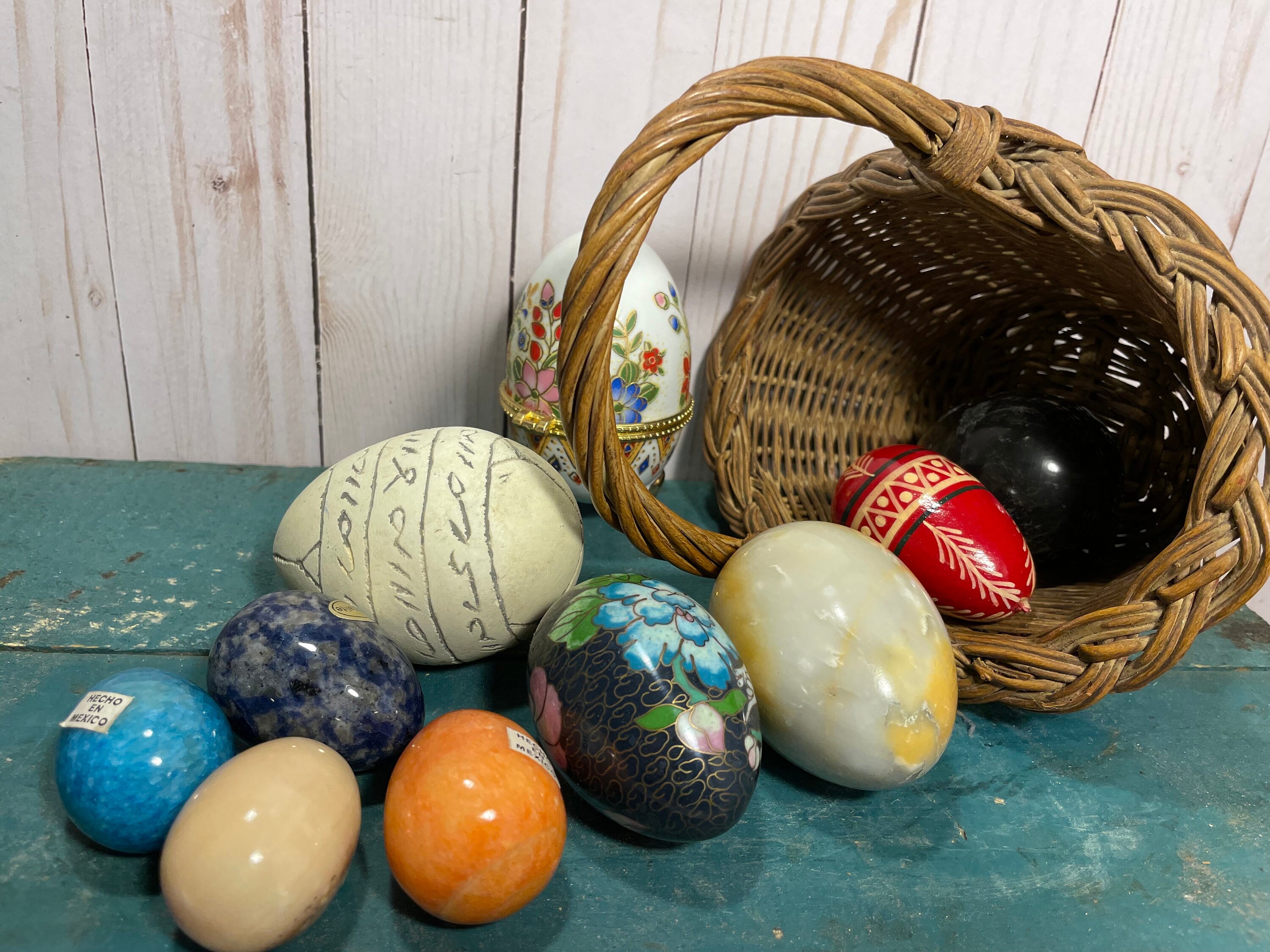 Vintage stone eggs, buyers choice, agate eggs, cloisonne eggs, indonesian eggs, healing crystals