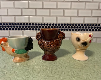 Figural ceramic egg cups, chicken design, buyers choice, farmhouse chic, country kitchen, soft boiled eggs