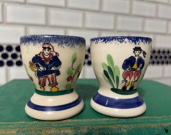 A pair of single cups, porcelain, french style, quimper, farmhouse decor, country kitchen,  holiday brunch