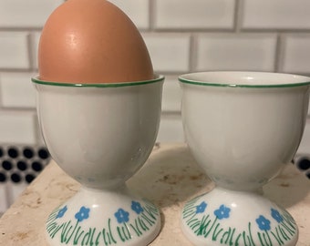 A pair of egg cups, green and blue retro floral, porcelain, farmhouse decor, country kitchen,  holiday brunch