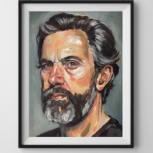 May include: A framed portrait of a man with a gray beard and dark hair. The artwork features a close-up view of the man's face, with a focus on his eyes and facial features. The painting is in a realistic style with a muted color palette.