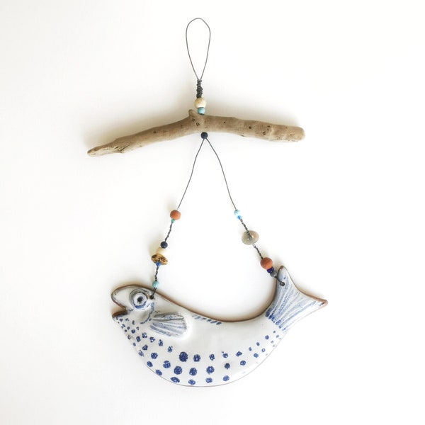 Happy fish; blue and white ceramic; driftwood art;  quirky; unique; gift; wall ornament; coastal decor; rustic; seaside style; beach hut