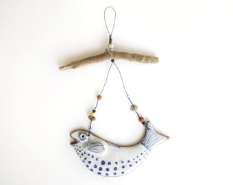 Happy fish; blue and white ceramic; driftwood art;  quirky; unique; gift; wall ornament; coastal decor; rustic; seaside style; beach hut