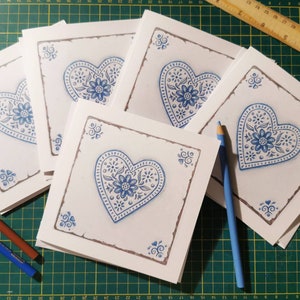 Pack of 6 floral love heart greetings card / notelet blue and white handdrawn design 'perfect imperfections' in style of a delft tile image 3