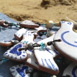 Hanging bird and heart dove small gift blue and white pottery love coastal ceramic driftwood art beach hut folk rustic style beads image 5