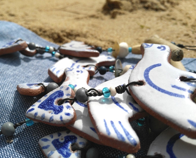 Hanging bird and heart dove small gift blue and white pottery love coastal ceramic driftwood art beach hut folk rustic style beads image 5