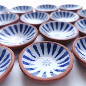 Small pottery dish. Perfect fo rings and trinkets or as salt and pepper bowls. Handmade in terracotta with blue and white majolica glaze. image 8