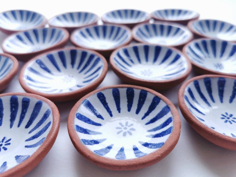 Small pottery dish. Perfect fo rings and trinkets or as salt and pepper bowls. Handmade in terracotta with blue and white majolica glaze. image 8