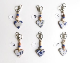 Heart key fob perfect as a small Valentines gift or pocket hug. Handmade blue and white pottery in majolica style