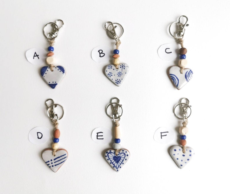 Heart key fob perfect as a small Valentines gift or pocket hug. Handmade blue and white pottery in majolica style image 1