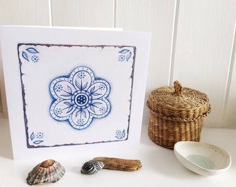 Pretty floral handmade greetings card / notelet; flower motif; posy; colour pencil drawing; blue and white in style of delft tile