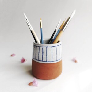 Handmade blue and white on terracotta ceramic vase, planter or paintbrush, pencil, toothpick, cotton bud etc pot or holder image 3