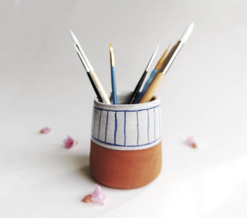 Handmade blue and white on terracotta ceramic vase, planter or paintbrush, pencil, toothpick, cotton bud etc pot or holder image 3