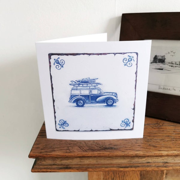 Morris Minor Traveller greetings card; blue and white; handdrawn design in the style of delft tiles; vintage car at seaside with surf board