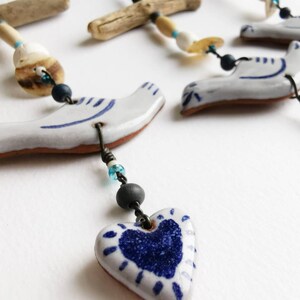 Hanging bird and heart dove small gift blue and white pottery love coastal ceramic driftwood art beach hut folk rustic style beads image 8