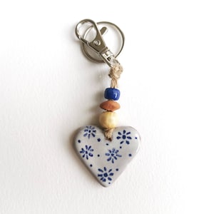 Heart key fob perfect as a small Valentines gift or pocket hug. Handmade blue and white pottery in majolica style image 6