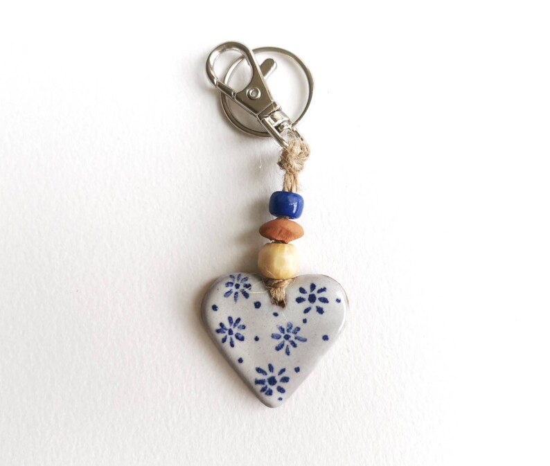 Heart key fob perfect as a small Valentines gift or pocket hug. Handmade blue and white pottery in majolica style image 6