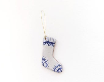 Blue and white Christmas tree decoration; stocking; handmade; ceramic; winter; rustic; ornament; scandinavian charm; hugge; coastal