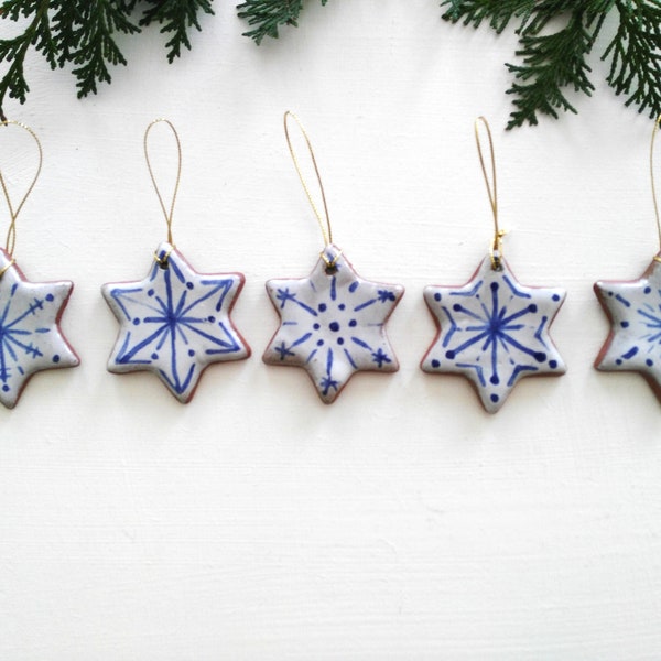 Christmas tree decorations; ceramic star ornaments; set of 5; xmas at home; blue and white; scandinavian; folk; gift tags; hugge; favors