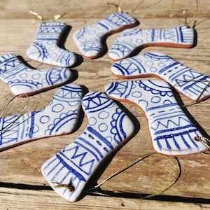 Blue and white christmas decoration handmade ceramic stocking rustic simple pottery tree ornament. image 6