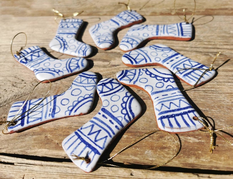 Blue and white christmas decoration handmade ceramic stocking rustic simple pottery tree ornament. image 6