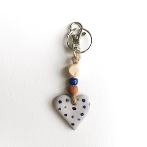 Heart key fob perfect as a small Valentines gift or pocket hug. Handmade blue and white pottery in majolica style image 5