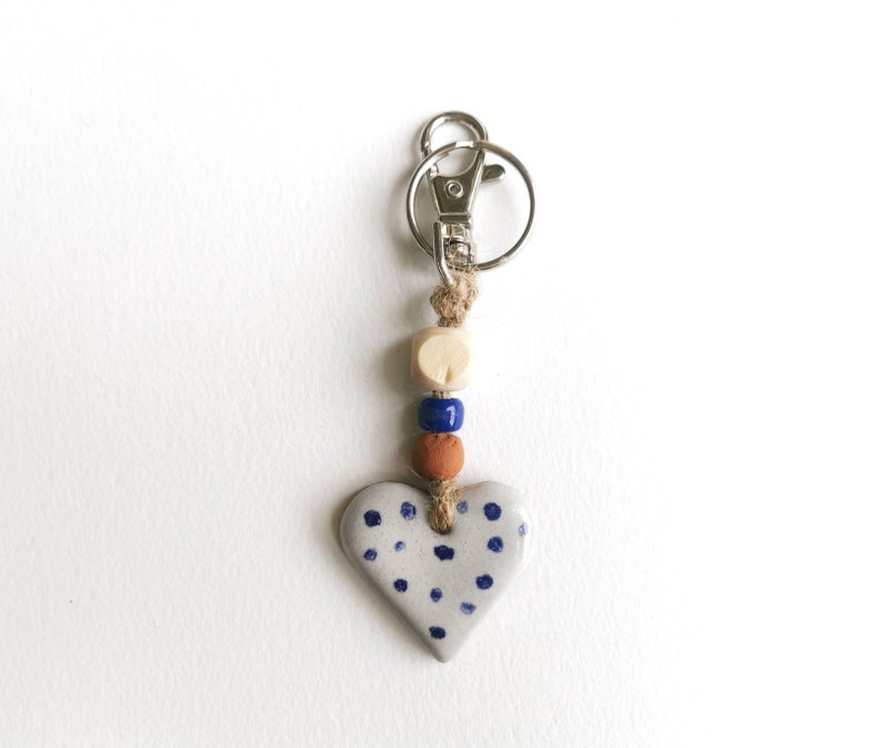 Heart key fob perfect as a small Valentines gift or pocket hug. Handmade blue and white pottery in majolica style image 5