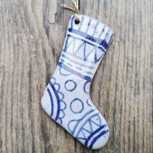 Blue and white christmas decoration handmade ceramic stocking rustic simple pottery tree ornament. image 7