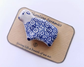 Sheep brooch; spring; lamb badge; hygge; wearble gift; delftware; blue and white; ceramic; farmhouse style; rustic jewellery;