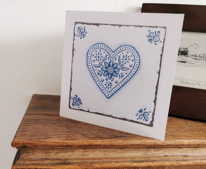 Pack of 6 floral love heart greetings card / notelet blue and white handdrawn design 'perfect imperfections' in style of a delft tile image 2