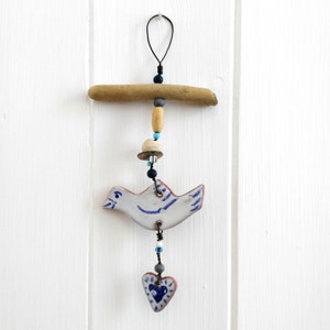 Hanging bird and heart dove small gift blue and white pottery love coastal ceramic driftwood art beach hut folk rustic style beads image 3