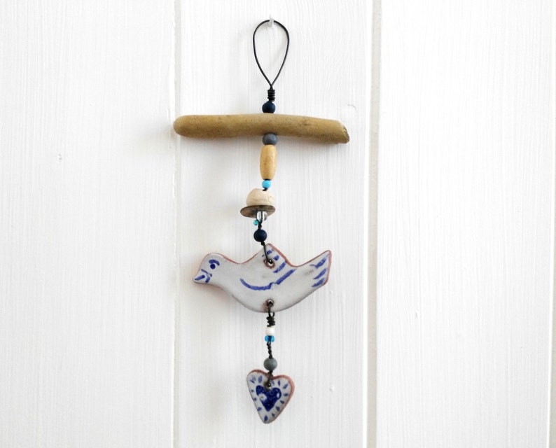 Hanging bird and heart dove small gift blue and white pottery love coastal ceramic driftwood art beach hut folk rustic style beads image 3