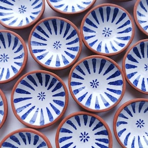 Small pottery dish. Perfect fo rings and trinkets or as salt and pepper bowls. Handmade in terracotta with blue and white majolica glaze. image 1